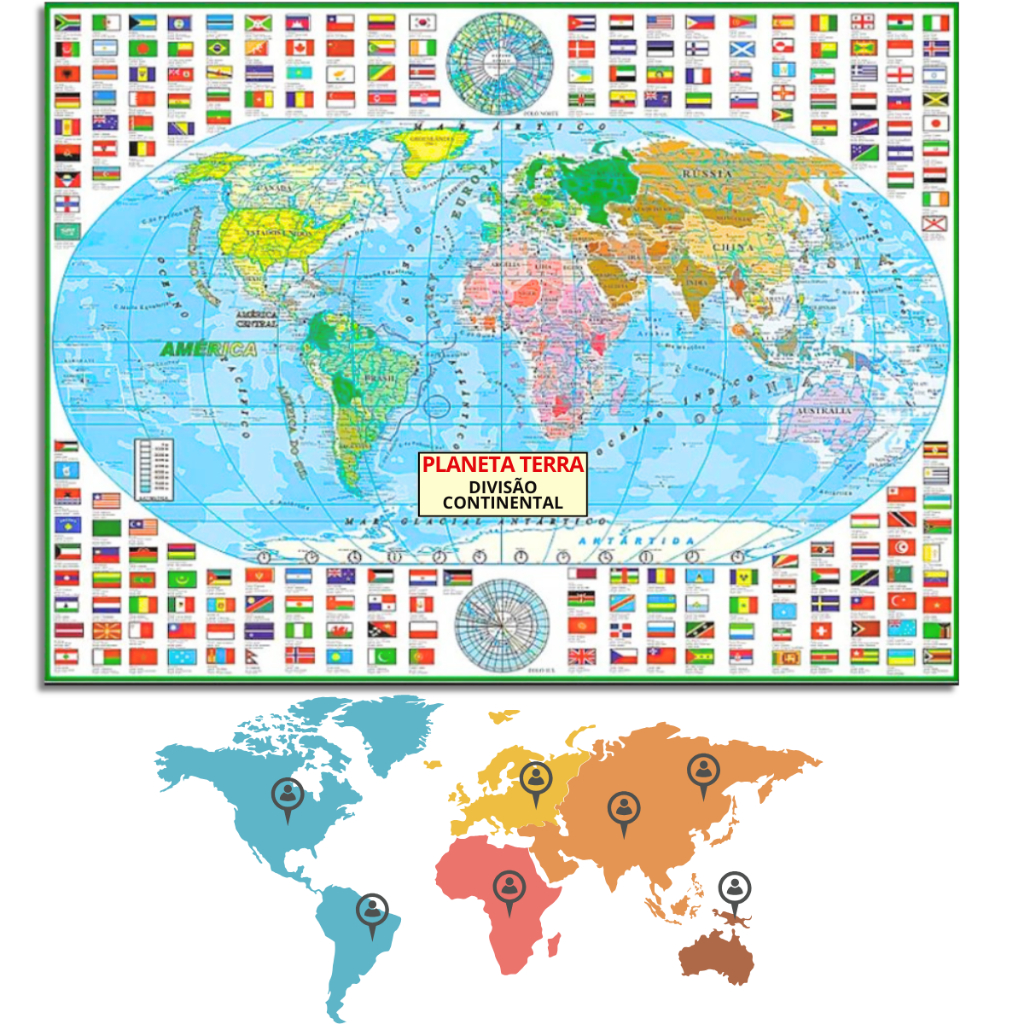 Mapa Mundi Divisão Continental Poster Politico Geográfico Continente