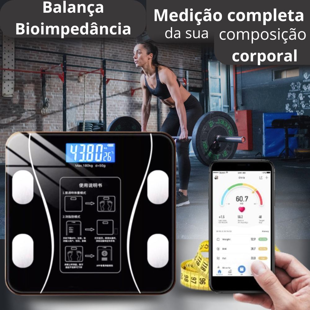 Balança Digital Corporal Bioimpedância Nutrição Cozinha Bluetooth Celular Profissional Nutricionista IMC