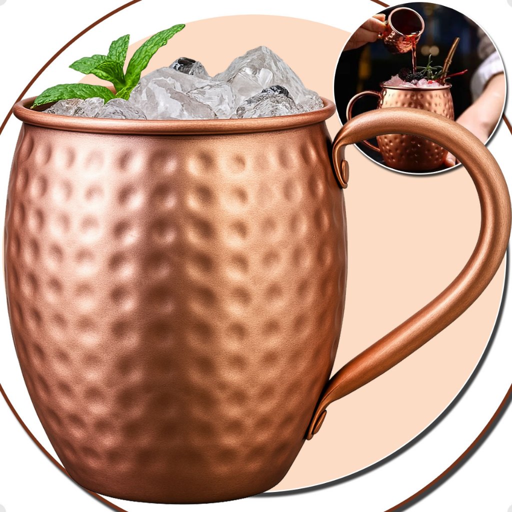 Caneca Moscow Mule Oval Martelada Cobre Inox 450ml Drinks Metalizado Rose Gold Barril Bar Festas