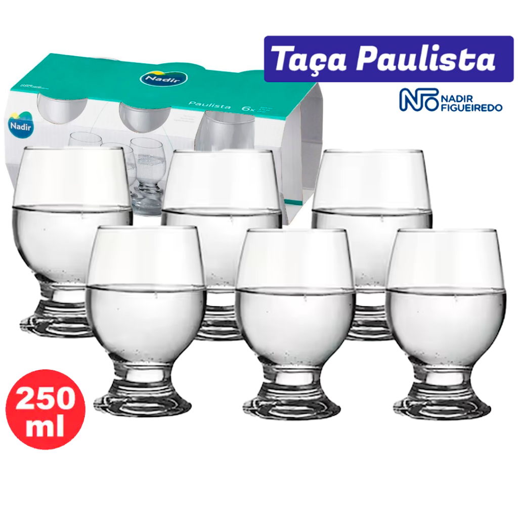Jogo 06 Taças Copo Chiques 250ml Paulista Drink Vidro Água Cerveja Vinho Suco Refrigerante