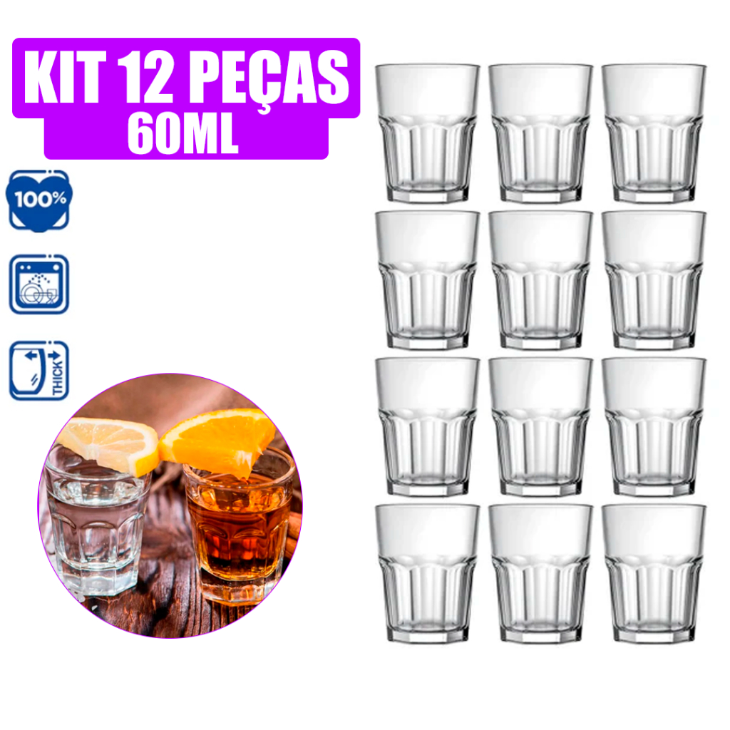 Kit 12 Copos de Shot Bristol 60ML Vidro Resistente Drink Bebidas Cachaça Tequila Campari Licor