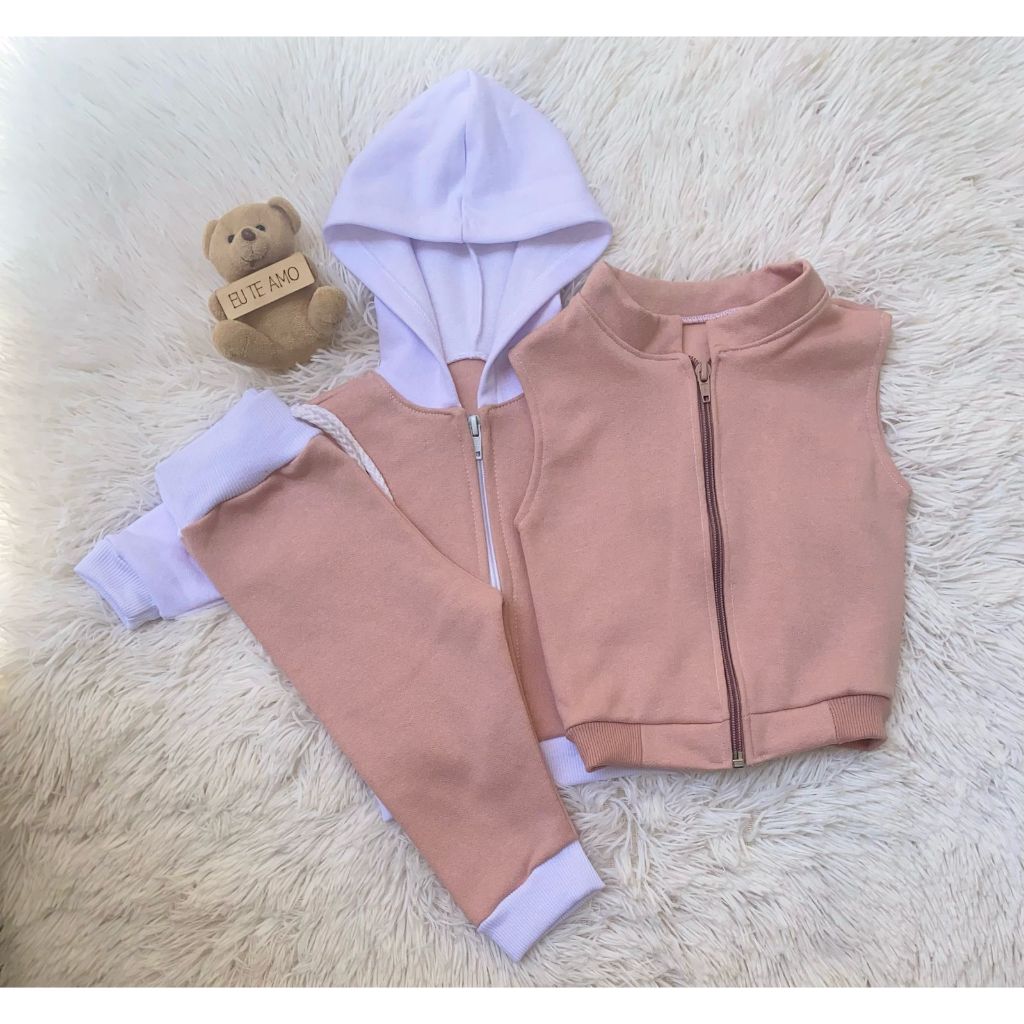 Kit Moletom Conjunto Casaco e Calça + Colete 3 Peças Roupa de Frio Infantil Outono e Inverno Criança 3 -18 meses