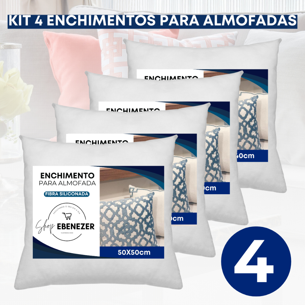 Kit 4 Refil De Almofada 50x50cm Decorativa Fibra Siliconada Antialérgica Antiácaro Macio Premium
