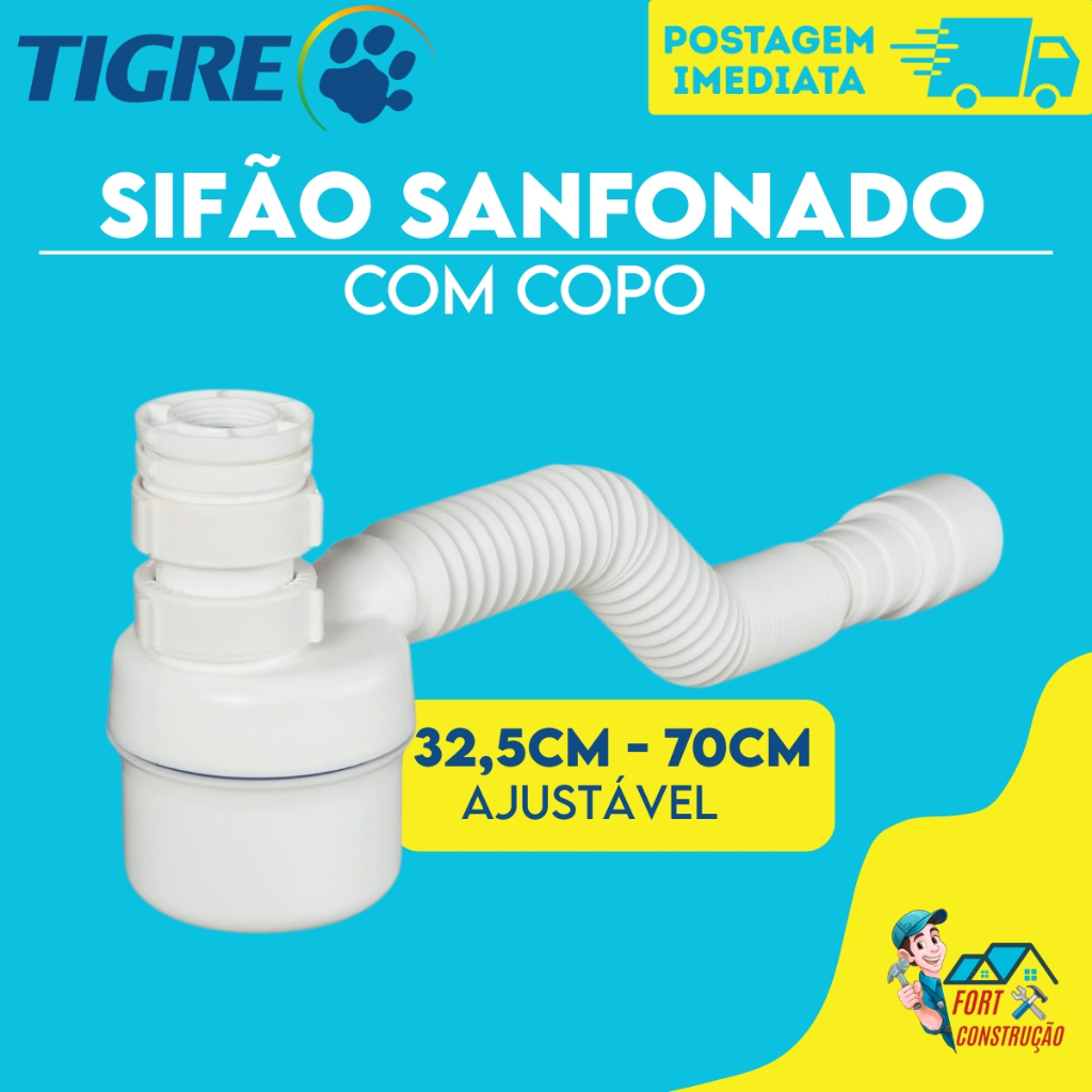 Sifão Ajustável Com Copo Universal Tigre Multiuso Sifao Sanfonado Extensível Para Pia, Lavatório