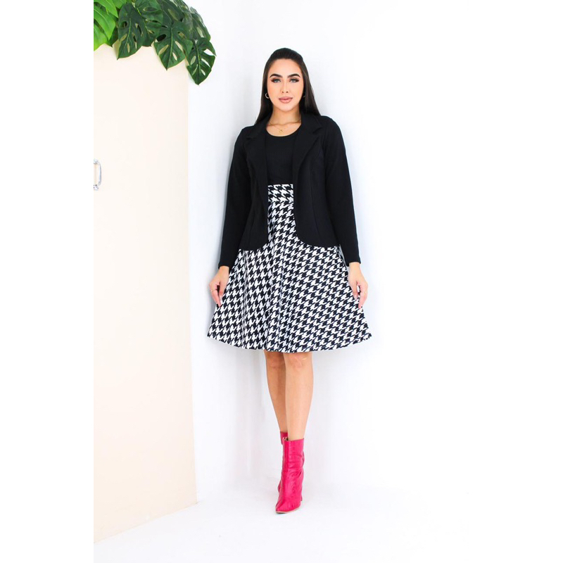 CONJUNTO BLAZER + SAIA GODE RODADA MODA FEMININA ELEGANTE