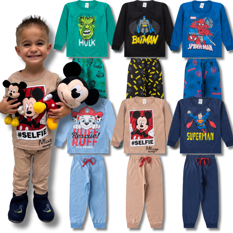 Kit 3 Conjuntos Pijama Inverno Masculino/Menino Infantil 3 Blusas Manga Longa + 3 Calças Roupa Frio em Oferta na Shopee