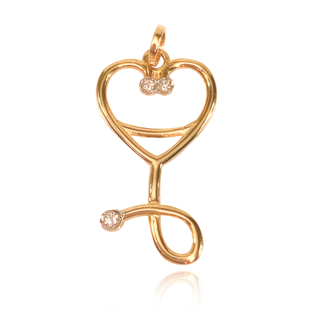 Pingente Estetoscópio Ouro 18k 750 Coração C/ Zircônia Legítimo Acompanha Estojo e Certificado