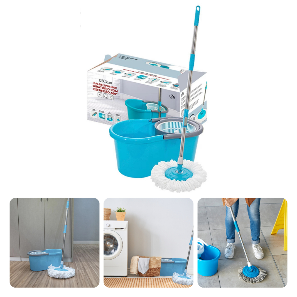 Mop Giratório 360º Esfregão 3 Em 1 Cabo Inox Balde C/rodinha Linha Premium
