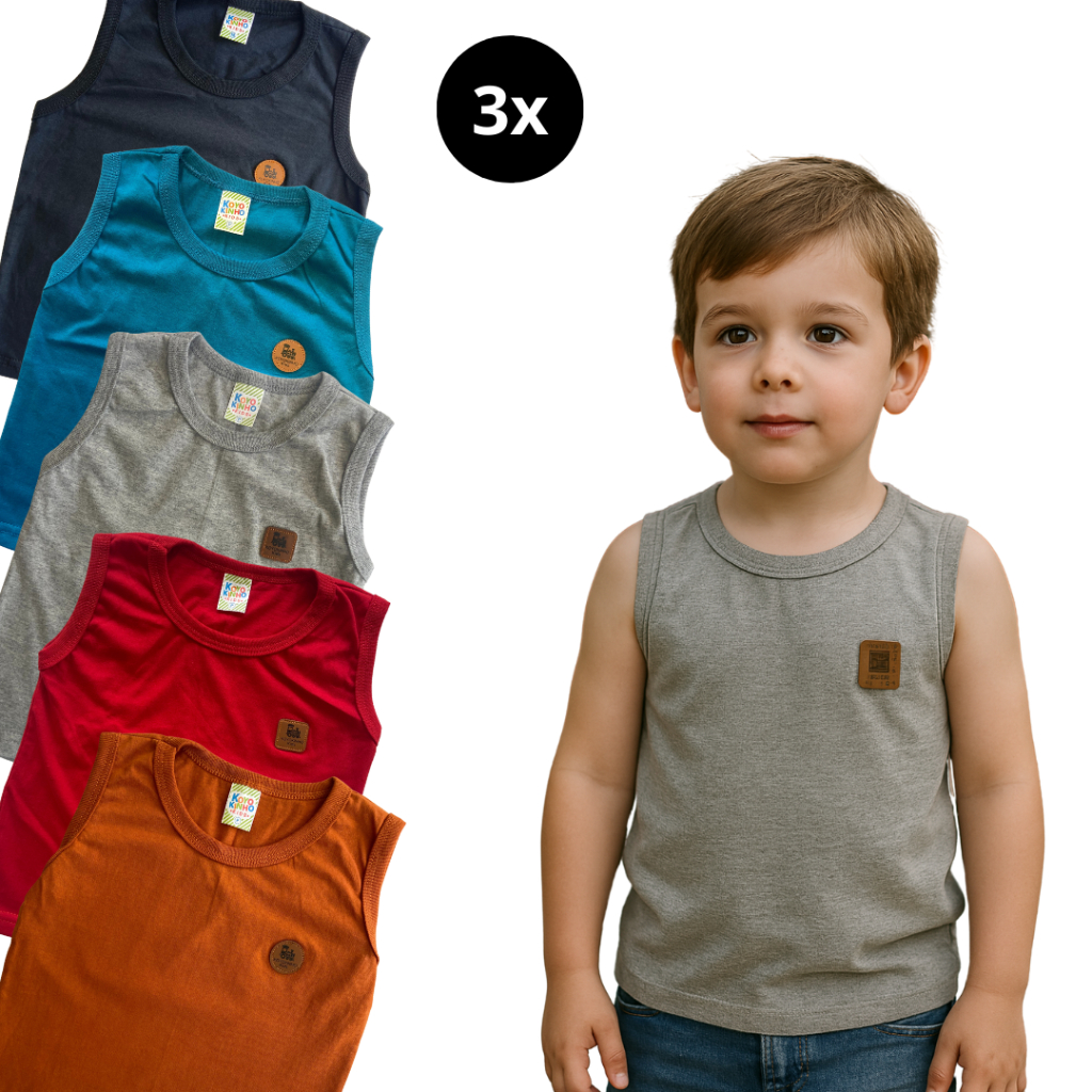 Kit 3 Camiseta Infantil Menino Regata Básica Lisa Verão Tamanho 1 – 12 Anos