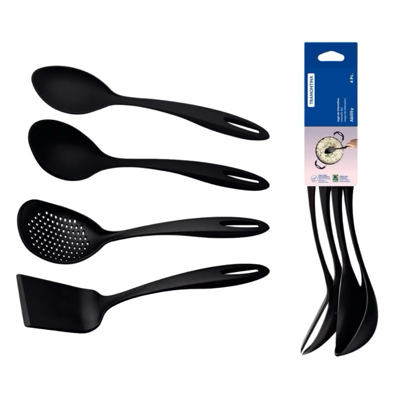 Jogo Utensílios Cozinha Tramontina Ability 4 Peças Nylon Preto Resistente Lava-Louças Antiaderente