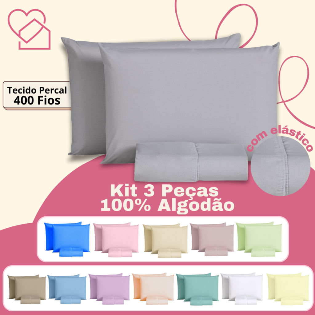 Jogo De Lençol Queen 400 Fios 100% Algodão 3 Pçs Com Elástico