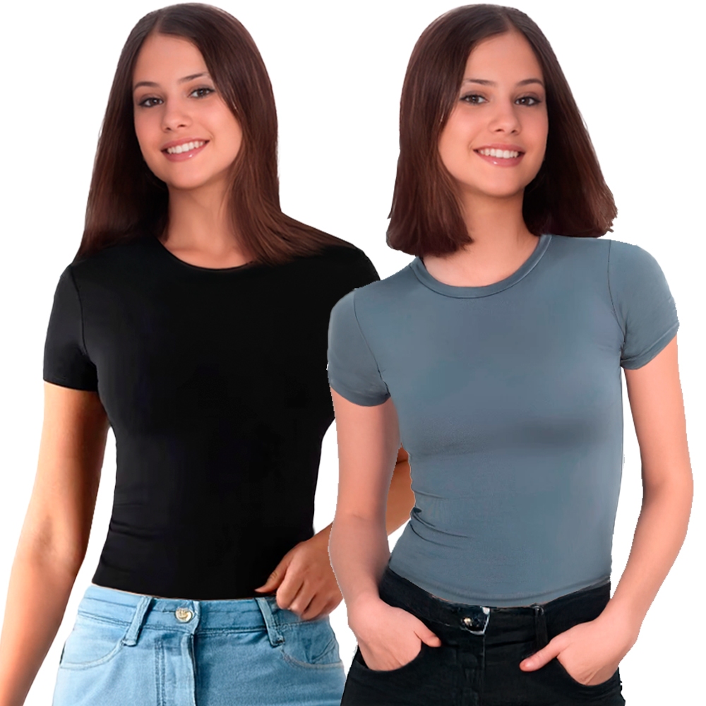 KIT 2 Blusa Baby Look Feminina Manga Curta Slim Fit Estilo Baby Tee em Oferta na Shopee