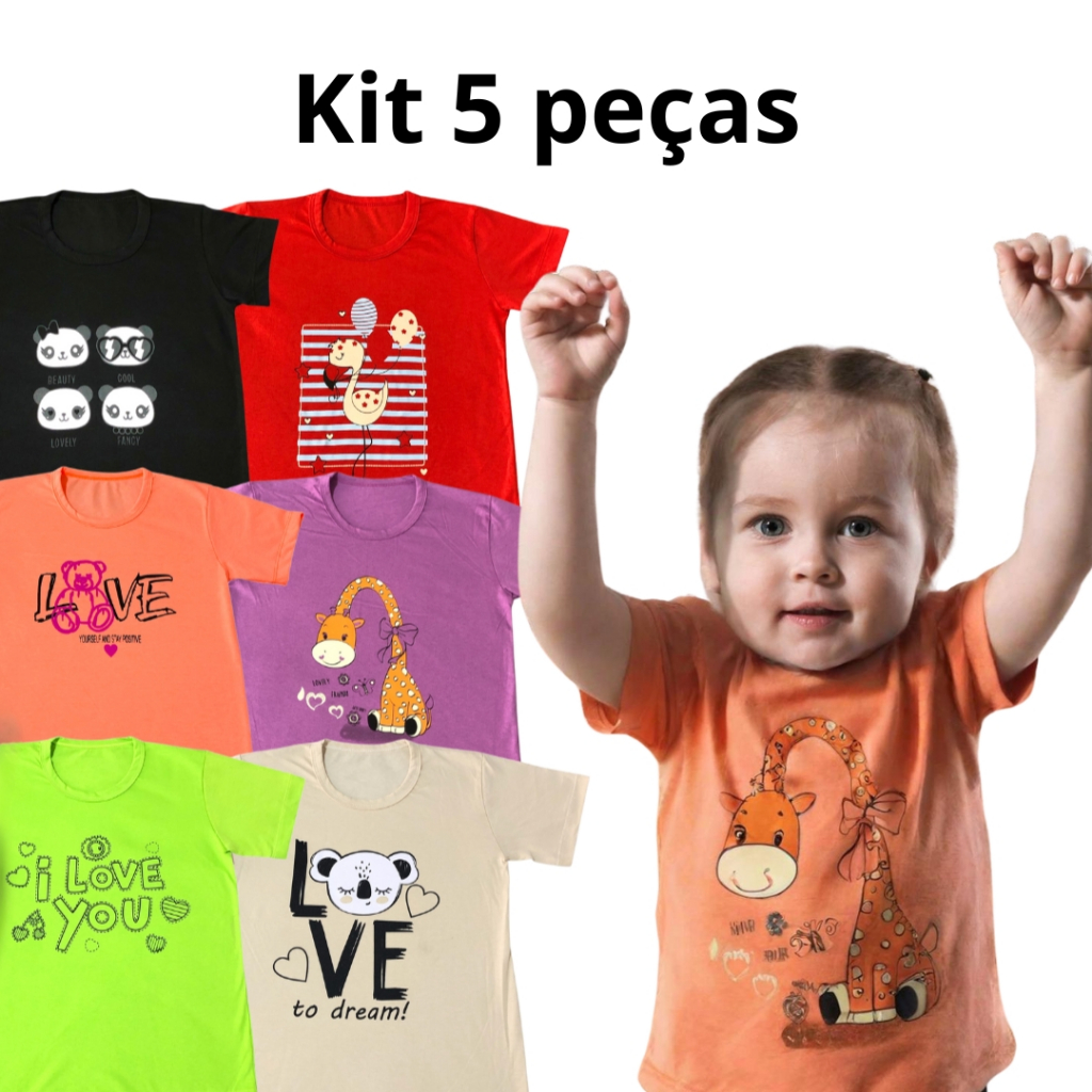 Kit 5 camisetas femininas de algodão infantil - Blusas de menina com estampas variadas em Oferta na Shopee
