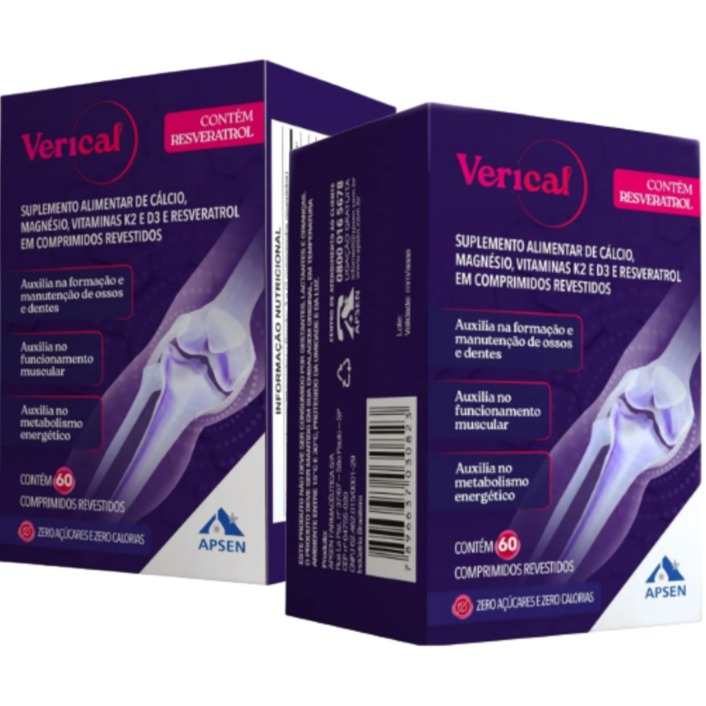 VERICAL KIT C/2 CXS C/60 COMPRIMIDOS CADA + RESVERATROL + CÁLCIO + MAGNÉSIO + VITAMINA K3 + VITAMINA D3