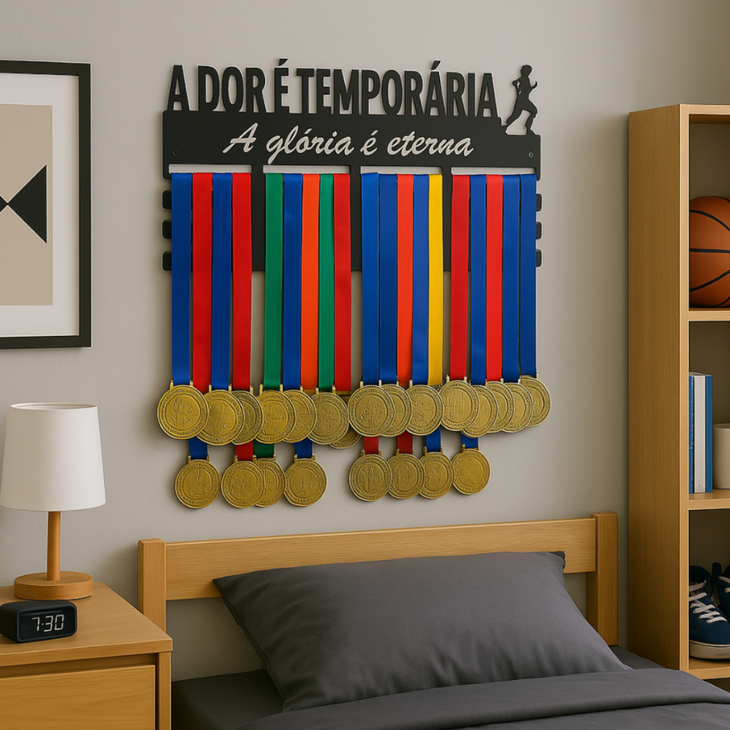 Porta Medalhas Decorativo de Parede Modelo Corrida A dor é temporária A glória é eterna em MDF 6mm — imagem 2 de 2