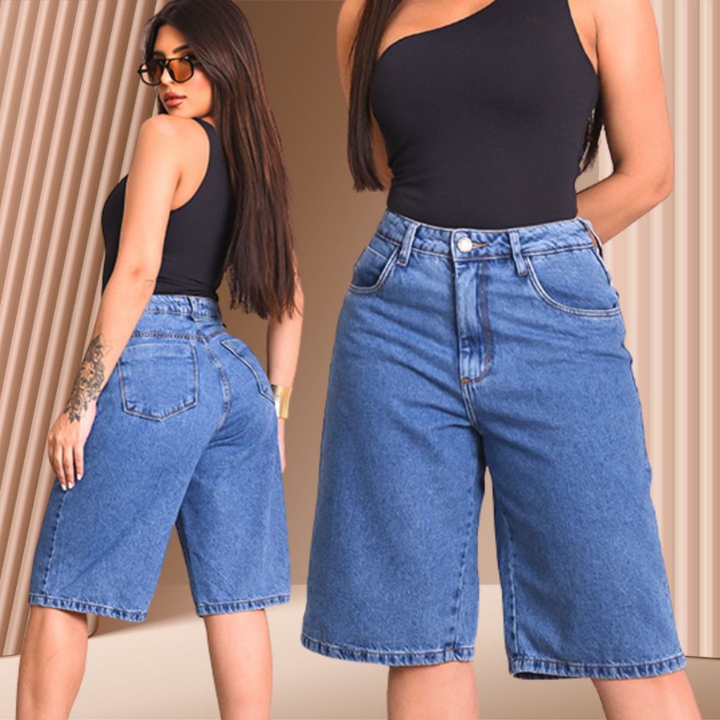 Shorts Jeans Feminino Bermuda Jort Ciclista Cintura Alta 100% Algodão em Oferta na Shopee