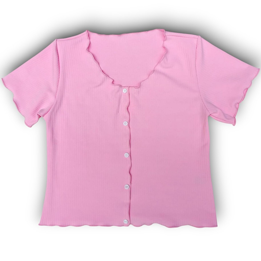 Blusa cropeed Canelado Liso, Casual,  Canelado Com Frufru Manga y botões / canelado listrado