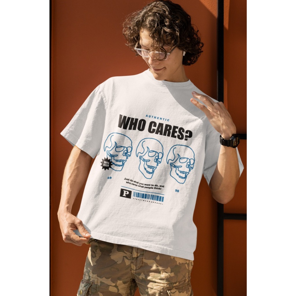 Camiseta Oversized Stretwear ``Who Cares?´´ Unissex-Caveira 100% algodão - camisão