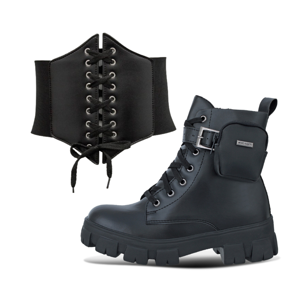 Kit Corset de Cadarço Preto + Bota Coturno com Bolsinha Alternativo Punk Rock Gotico