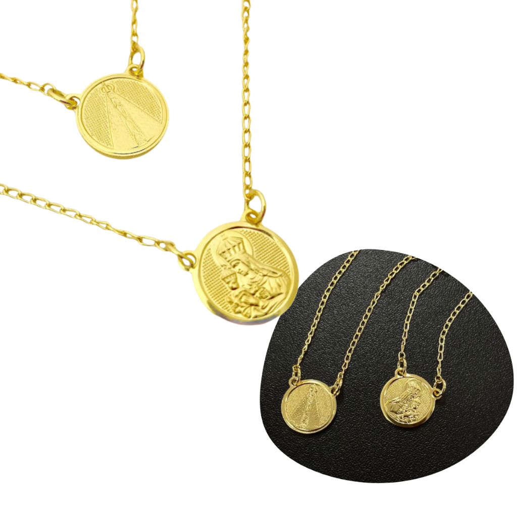 Escapulário Nossa Senhora Aparecida e Nossa Senhora Do Carmo 60cm Banhado a Ouro 18k