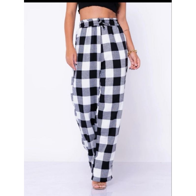 Calça Feminina Pantalona Xadrez Franelado em Oferta na Shopee
