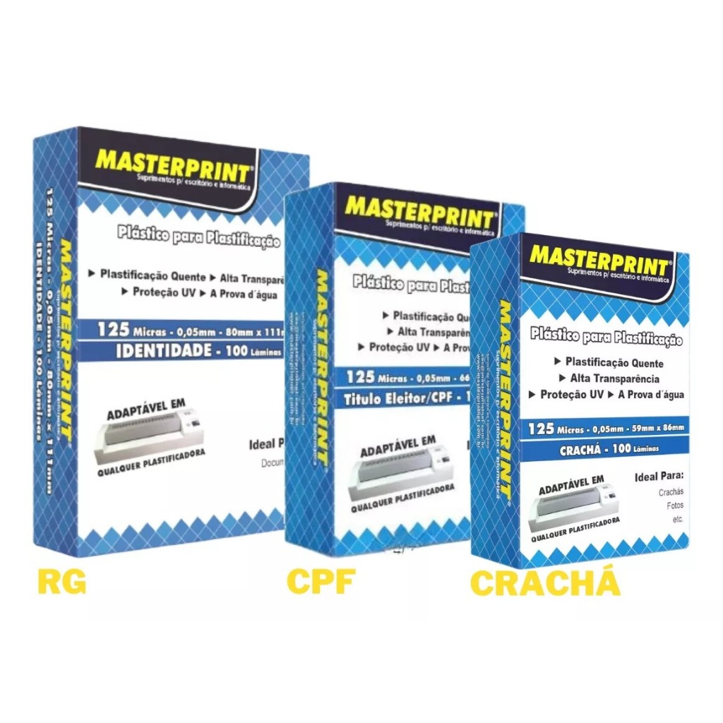 Kit Plastificação 300 Un Rg + cpf + crachá 125 Micras 0,05mm MasterPrint em Oferta na Shopee