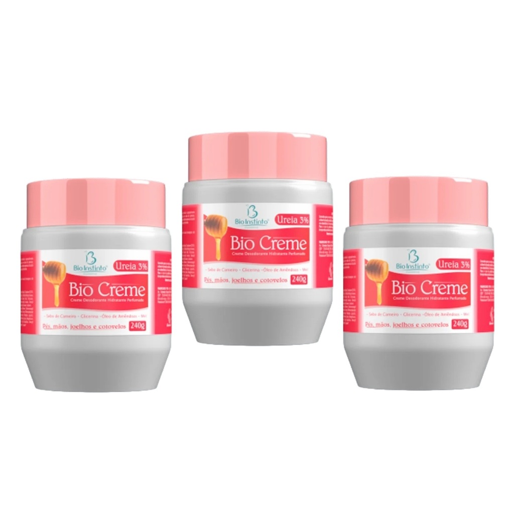 Kit 3un Creme Hidratante Bio Creme com Ureia 3% para Pés, Mãos, Joelhos e Cotovelos 240g - Bio Instinto