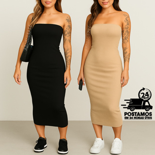 KIT 02 Vestido Canelado Midi Tomara Que Caia em Oferta na Shopee