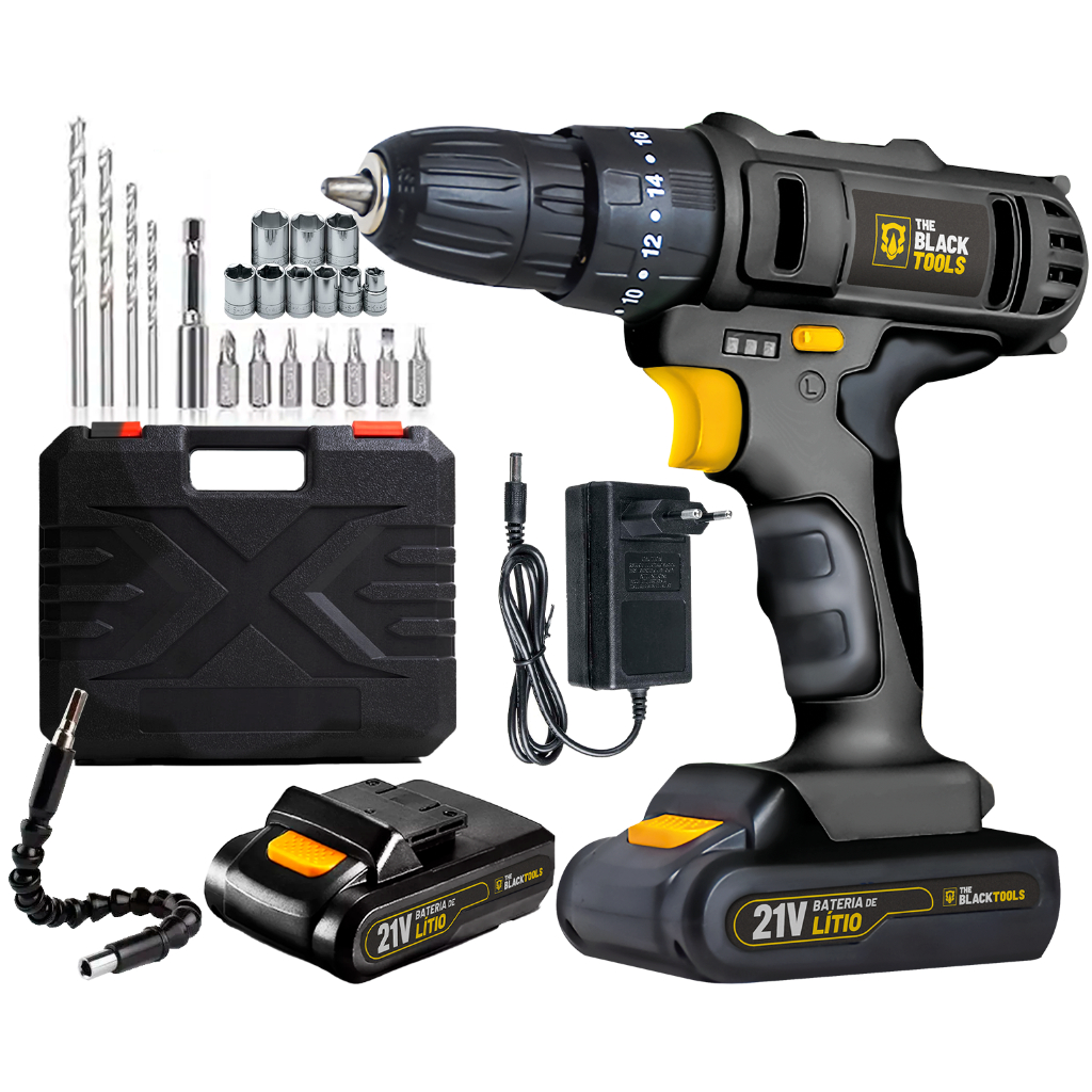 Parafusadeira Furadeira Impacto Sem Fio Bateria 21v Tb-21p  Bivolt The Black Tools - Home & Living