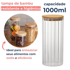 Pote Vidro Canelado Hermético 1000ml Porta Mantimentos Com Tampa Bambu