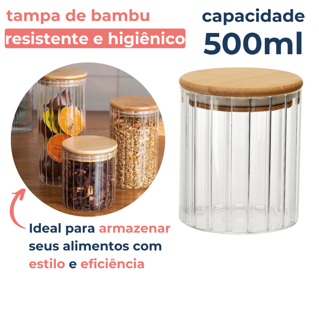 Pote Vidro Canelado Hermético 500ml Porta Mantimentos Com Tampa Bambu em Oferta na Shopee