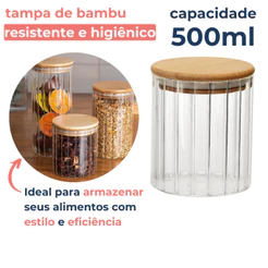 Pote Vidro Canelado Hermético 500ml Porta Mantimentos Com Tampa Bambu