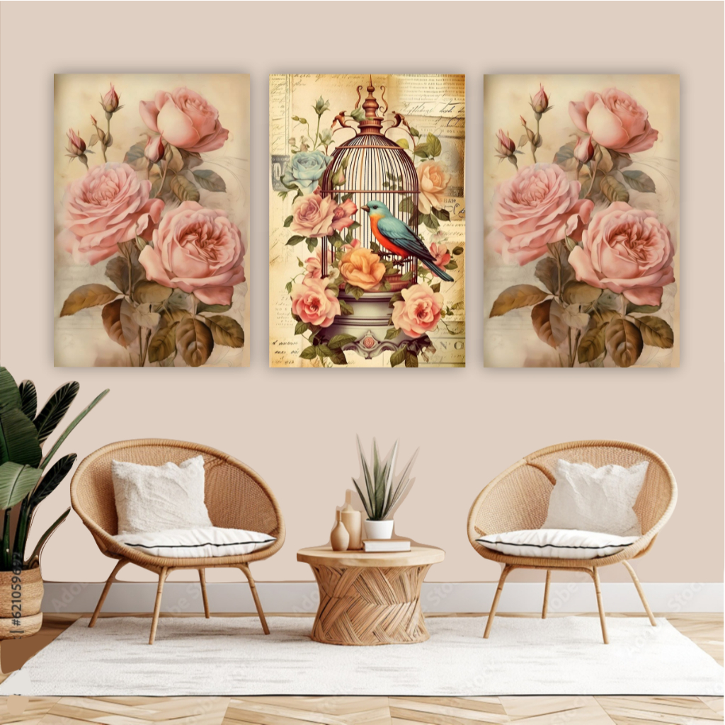 Quadro decorativo 3 peças passarinho vintage pássaro flores decoração sala quarto fazenda sítio