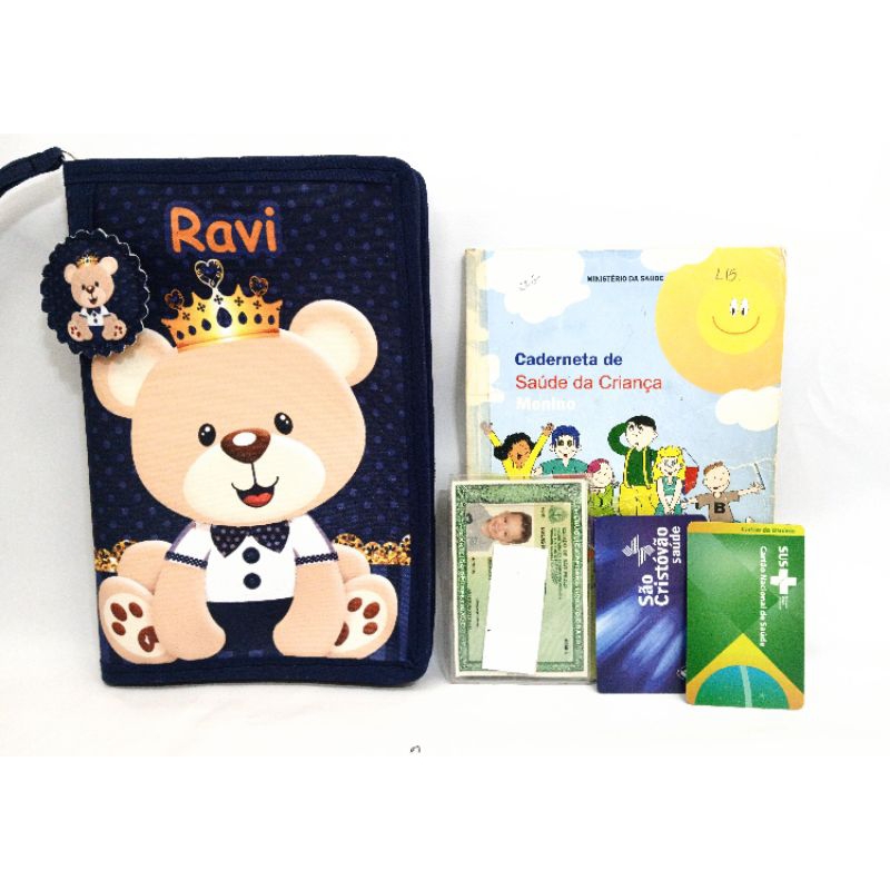 Capa para caderneta de vacina Porta documentos infantil com zíper Impermeável Ursinho Realeza