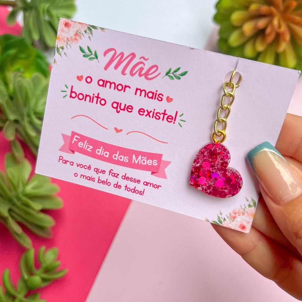 KIT DE CARDS COM OU SEM CHAVEIRO CORAÇÃO EM RESINA ROSA PINK - ESPECIAL DIA DAS MÃES / BRINDE E MIMOS CORPORATIVOS