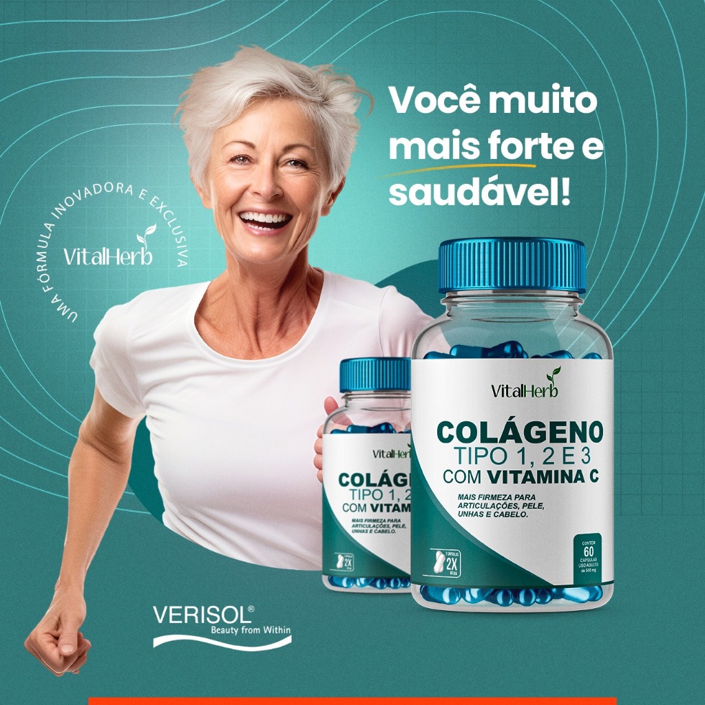 60 Caps Colágeno Tipo 1 2 3 + Vitamina C 500mg