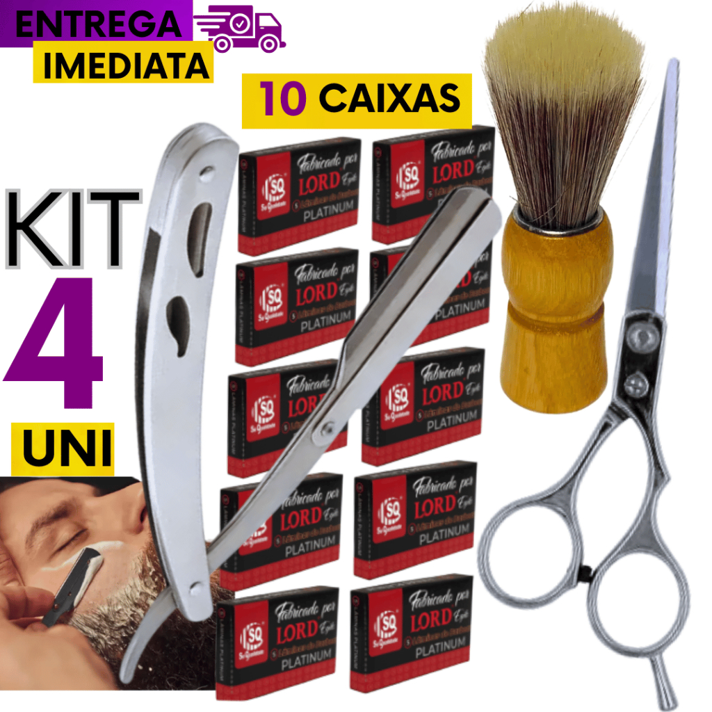 Kit Barbeiro 04  - 1 Pincel de Barbear Cabo de Madeira + 1Tesoura Profissional Em Inox 10 CXS Gillete 1 Navalhete Inox