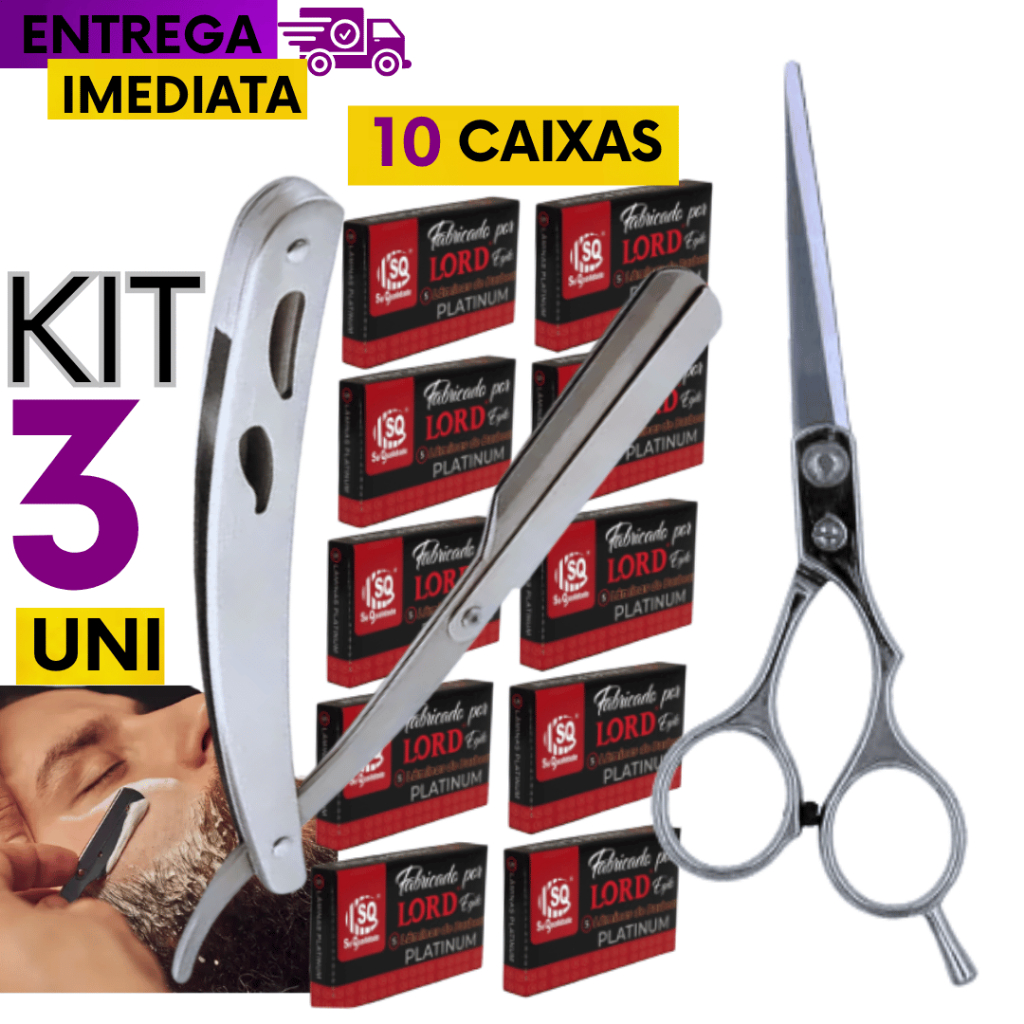 Kit 03 - 1Tesoura Profissional Cabeleleiro Em Inox 10 CXS Gillete 1 Navalhete Inox Variáveis Utilidades Salão Barbearia