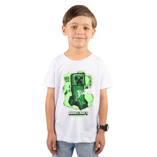 Camiseta Infantil Minecraft Creeper Estampada Unissex Algodão Penteado Confortável Geek Gamer