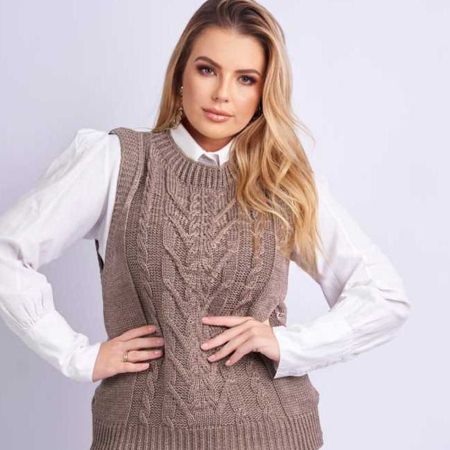 Colete Feminino Tricot com Detalhes de trança, Ponto Fang Elegante Tendência Moda Outono/I...