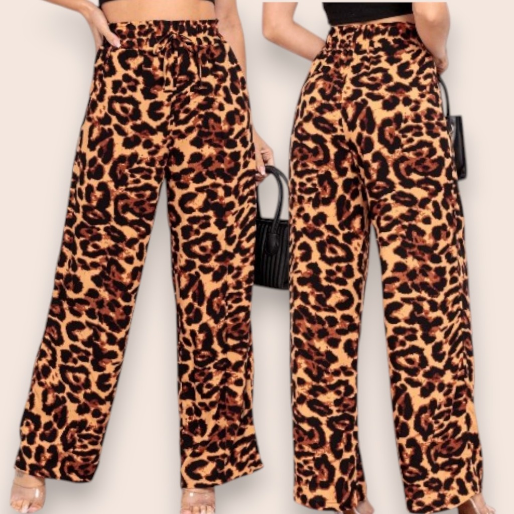 CALÇA PANTALONA FEMININA ESTAMPADA ANIMAL PRINT COM ELASTICO E BOLSO