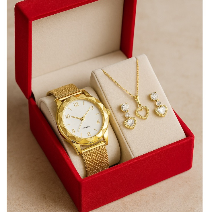 🔥LANÇAMENTO🔥 Relógio Feminino + Kit Colar Brincos Folheados A Ouro 18k
