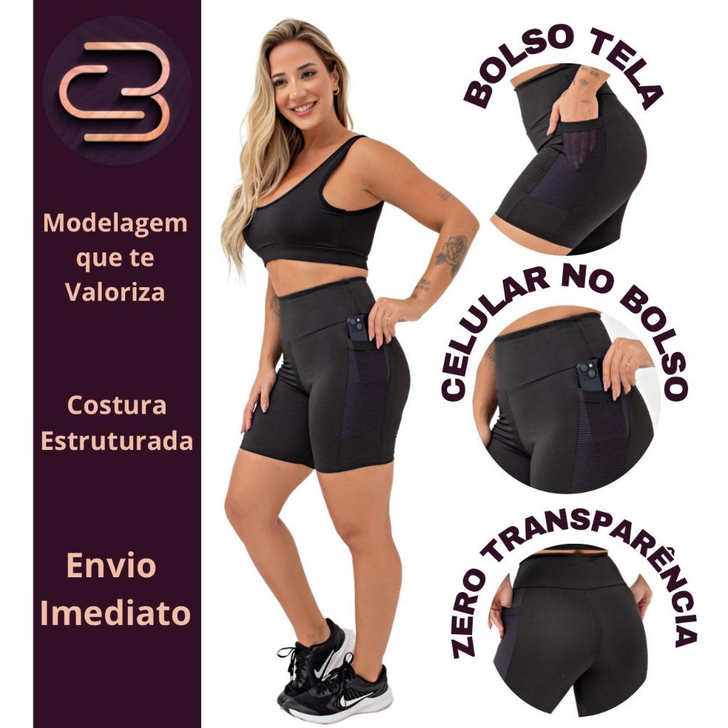 Bermuda Feminina Fitness Academia com Bolso Cós Alto Zero Transparência e Confortável