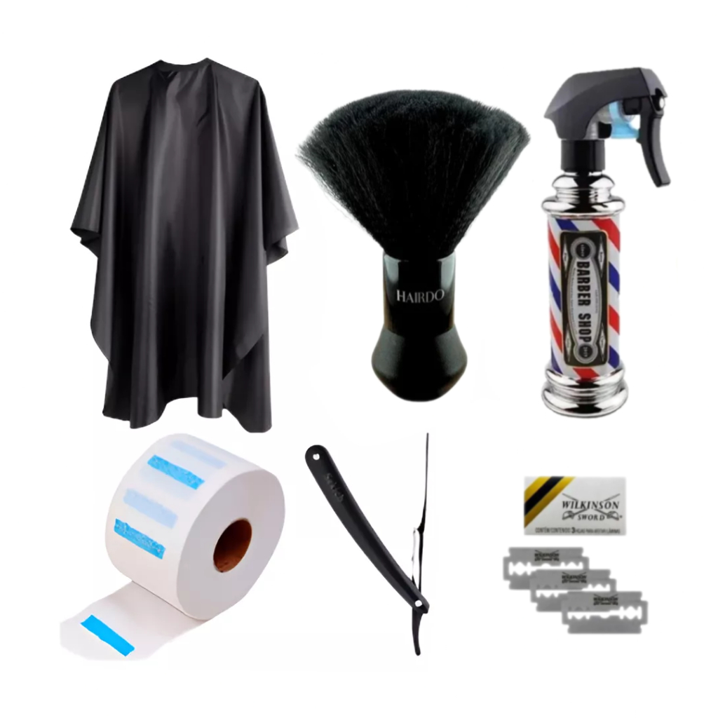 Kit Barbeiro Capa Borrifador Prata ou Dourado Espanador Tesoura Navalhete e Gola