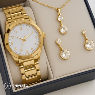 Relógio Feminino + Kit Colar Brincos Folheados A Ouro 18k em Oferta na Shopee