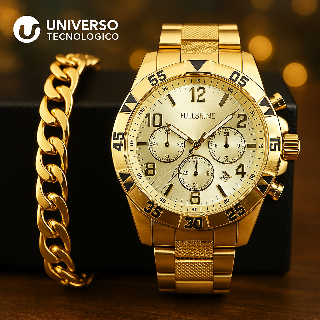 Kit Relógio Masculino A Prova D'água + Pulseira Banhada  Grossa em Oferta na Shopee