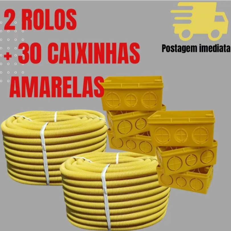 Kit 2 conduite corrugado de 25m, eletroduto reforçado + 30 caixinhas 4x2 amarela