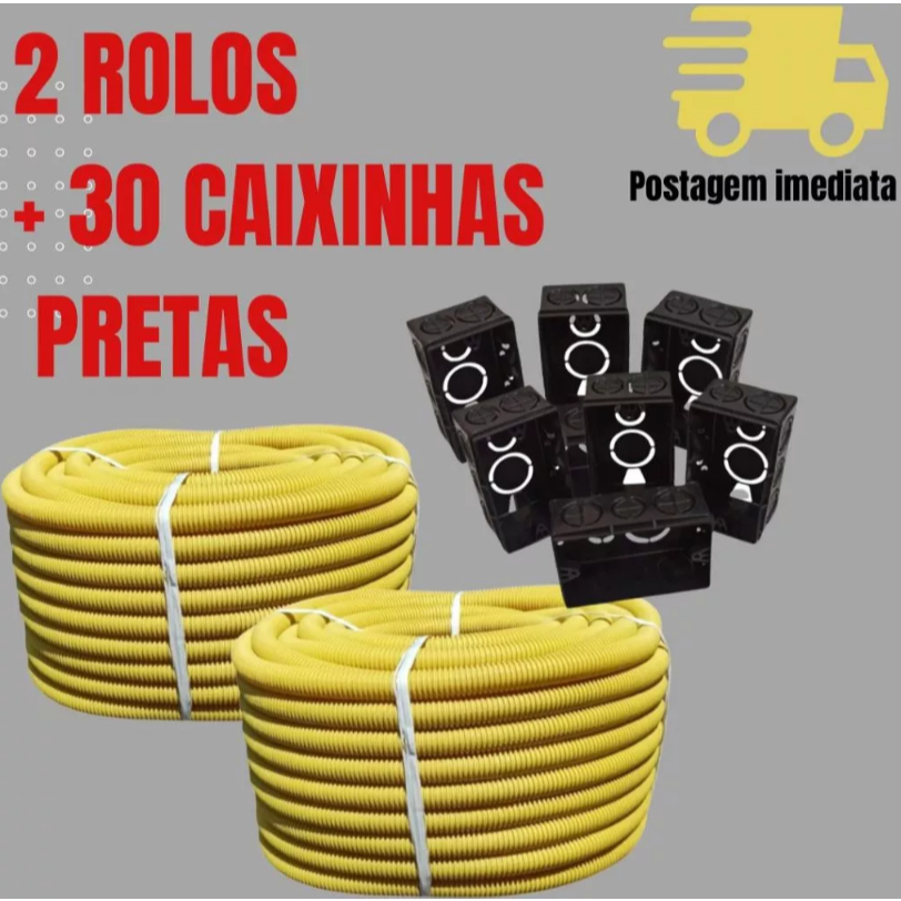 Kit 2 Conduite Corrugado, Eletroduto Reforçado De 25 Metros + 30 caixinhas 4x2 preta
