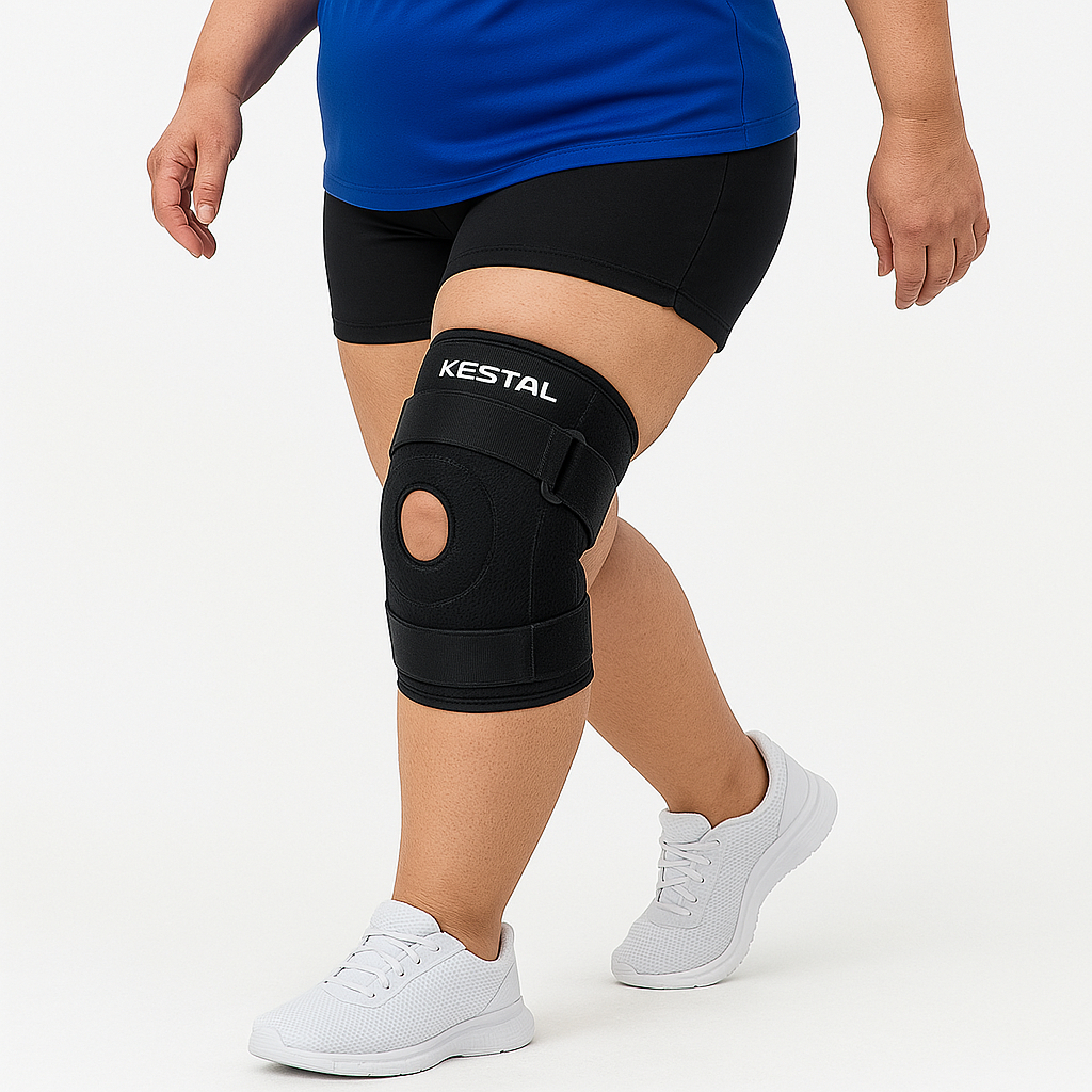 Joelheira Plus Size Kestal Neoprene Ajustável Sobrepeso Patela Aberta Artrose Condromalácia Artrite Reabilitação