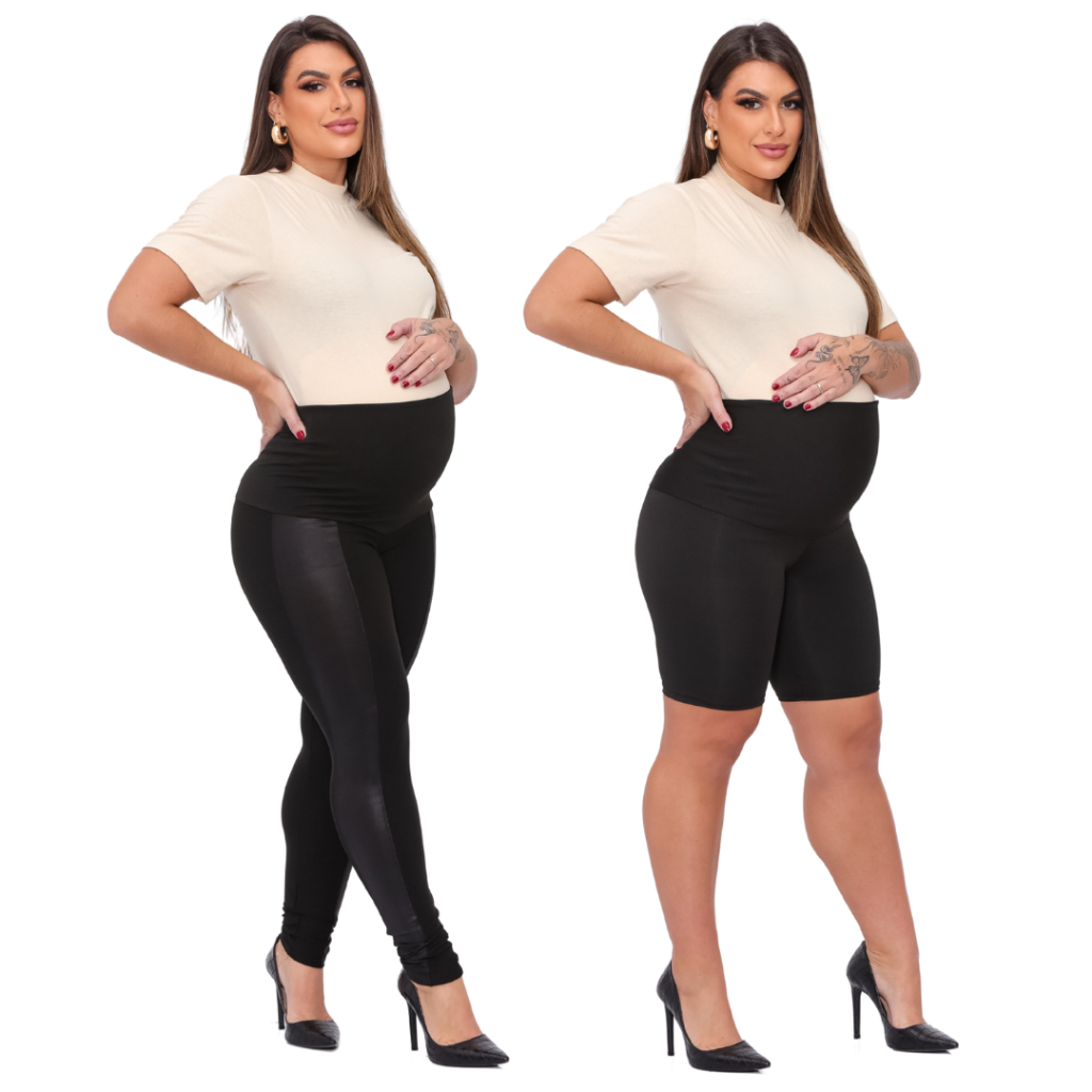 KIT 2 Peças Calça Montaria Cirre Gestante + Bermuda Short Maternidade Pretas Zero Transparencia